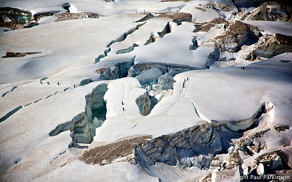 Mountaineers crossing La Vallée Blanche (3,400m) near Mont Blanc (4,810m)