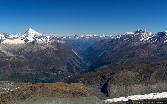 Mattertal with Bernese Alps on horizon from Klein Matterhorn (3,883m)