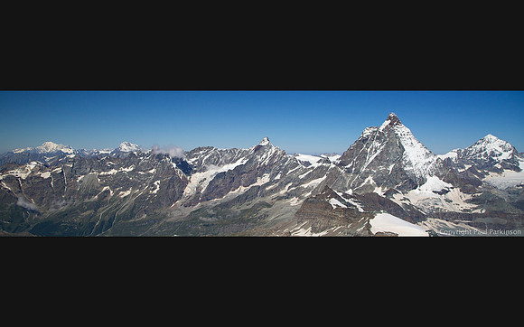 Alpine Panorama: Mont Blanc (4,810m), Grand Combin (4,314m), Dent d'Herens (4171m), Matterhorn (4,478m) and Dent Blanche (4357m)