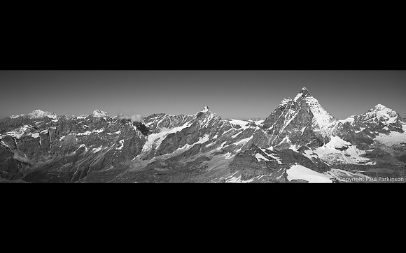 Alpine Panorama: Mont Blanc (4,810m), Grand Combin (4,314m), Dent d'Herens (4171m), Matterhorn (4,478m) and Dent Blanche (4357m)
